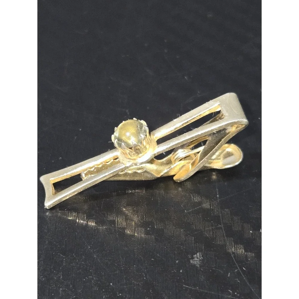 Gold Tone W/ Clear Glass Stone Tie Clip